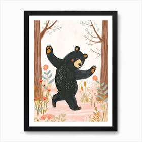 American Black Bear Dancing In The Woods Storybook Illustration 4 Art Print
