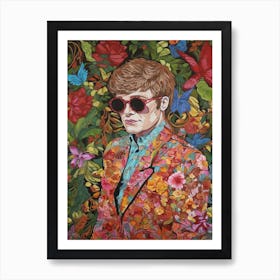 Floral Handpainted Portrait Of Elton John 4 Art Print