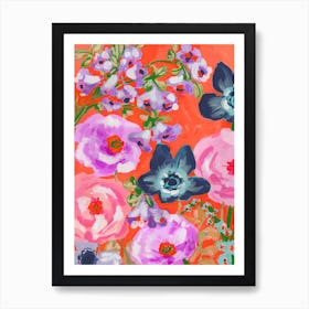 Blue Anemones On Red Art Print