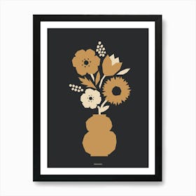 Minimal Gold and Black Poppy Tulip Flower Bouquet Print Dark Version Art Print