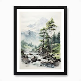 Yatsugatake Mountains In Yamanashi,  Japanese Brush Painting, Sumi E, Minimal  2  Art Print