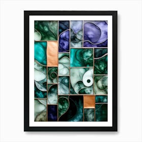 "Celestial Mosaic: Harmony of Elements," the artwork invites viewers into a realm where organic fluidity meets geometric precision. Each segmented panel, adorned with tranquil hues of emerald, sapphire, and pearl, embodies the delicate balance between chaos and serenity. The interwoven lines evoke the intricate veins of nature, while luminous sections suggest the interplay of light and shadow, reminiscent of celestial phenomena. This piece serves as a metaphor for interconnectedness in the universe. Each shape not only stands alone but also contributes to a greater narrative, echoing the symbiotic relationships in nature. The subtle textures throughout the composition enhance its tactile quality, urging the audience to explore the depth and nuance of each individual form. As one gazes upon the work, they are encouraged to reflect on the harmony within discord, the solace found in embracing complexity, and the beauty that emerges when diverse elements coalesce. Art Print