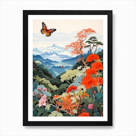 Butterfly With Mountaneous Landscape Japanese Style Painting 2 Art Print