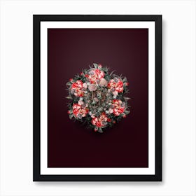 Vintage Crucianella Flower Branch Floral Wreath on Wine Red n.1687 Art Print