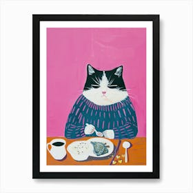 Black And White Cat Having Breakfast Folk Illustration 3 Art Print