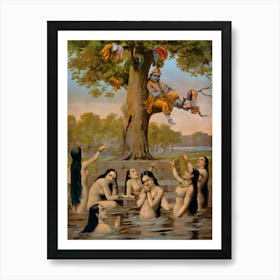 Krishna sitting in a tree with all the gopis clothes while they naked in the water, 1 Art Print