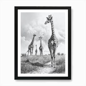 Giraffe Walking Down The Path Pencil Drawing 4 Art Print