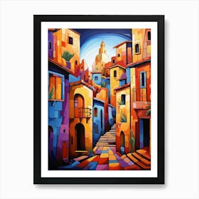 Streets of Fairytale III, Abstract Vibrant Colorful Painting in Cubism Style Art Print