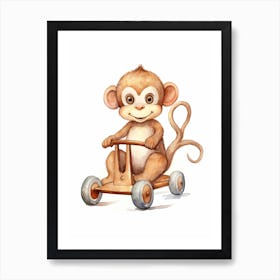 Baby Monkey On A Toy Car, Watercolour Nursery 0 Art Print