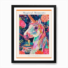 Unicorn Eating Ramen Floral Painting Poster Art Print
