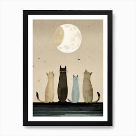 Four Cats Watching The Moon Art Print