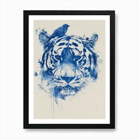 Small Joyful Tiger With A Bird On Its Head 8 Art Print
