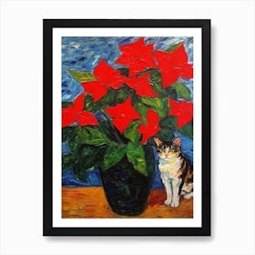 Still Life Of Poinsettia With A Cat 3 Art Print