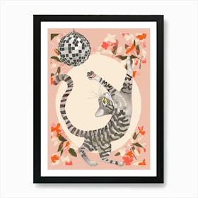 Disco Cat Checkerboard Floral Whimsical Illustration Funky Dopamine Art Print