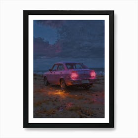 Pink Car On The Beach 1 Art Print