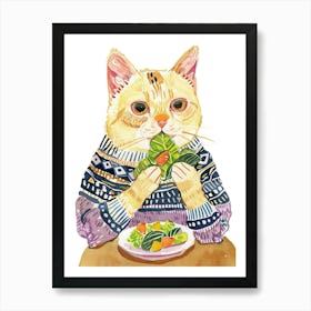 Cute Tan Cat Eating A Salad Folk Illustration 2 Art Print