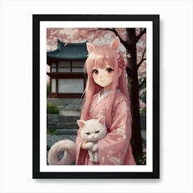 Asian Girl With Cat Art Print