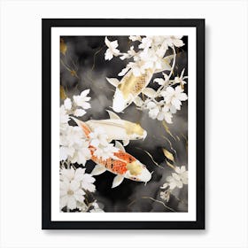 Black And White Koi Fish Watercolour With Botanicals 4 Art Print