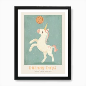 Pastel Storybook Style Unicorn Playing Basketball 1 Poster Art Print