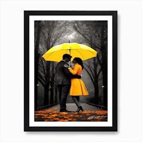 Yellow Rain Romance - Rainy Day Love Art Print
