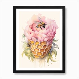 Beehive With Peony Watercolour Illustration 3 Art Print