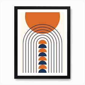 Modern Mid Century Gateway Sun Moon Rainbow 14 Abstract in Navy Blue Burnt Orange 3 Art Print