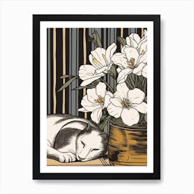 Drawing Of A Still Life Of Lilies With A Cat 2 Art Print