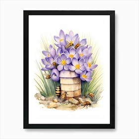 Beehive With Crocus Flower Watercolour Illustration 3 Art Print