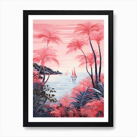 An Illustration In Pink Tones Of  Of Sailboats And Fern Vines 4 Art Print