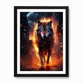 Imposing And Majestic Wolf Stands Tall Engulfed By Wild Fiery Sparks And Wisps Of Electrifying Cr Art Print