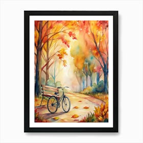 A Cozy Autumn Scene With A Bicycle Parked Near A Art Print