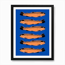 Oranges Sardines On A Blue Background Art Print