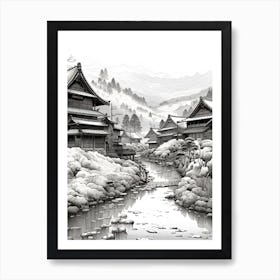 Shirakawa Go In Gifu, Ukiyo E Black And White Line Art Drawing 4 Art Print