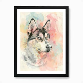 Husky Dog Pastel Line Watercolour Illustration  4 Art Print