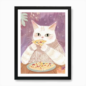 White Cat Pizza Lover Folk Illustration 1 Art Print