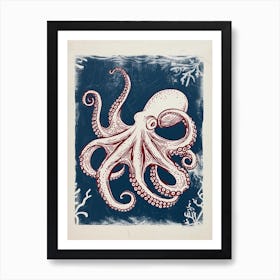 Octopus In Ocean Blue Linocut Background 5 Art Print