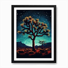 Joshua Tree With Starry Sky At Night In Retro Illustration Style (2) Art Print