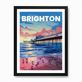 Anime Canvas Art: Coastal Brighton Pier Scene with Calm Ocean Waves, Sunset Sky, and Silhouetted Seagulls, Perfect for Lofi Aesthetic and Coastal Art Lovers. Affiche