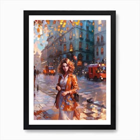 Woman Walking In The City On A Rainy Day Art Print