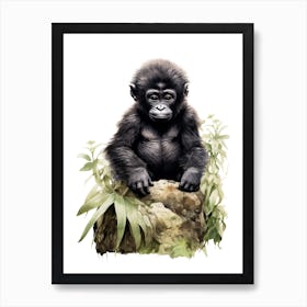 Baby Gorilla Art With Bananas Watercolour Nursery 5 Art Print