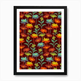 GARDEN MEADOW Floral Botanical Flowers Wildflowers in Warm Sunset Colours on Deep Rust Art Print