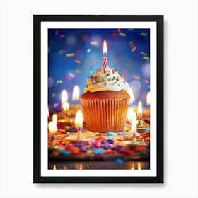 Cupcake Ablaze With Color Icing Swirling In A Kaleidoscope Pattern Single Candle Aglow Emulating A (5) Art Print