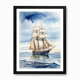Sailing ship on the sea, watercolor painting 13 Art Print