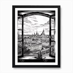 Window View Of Moscow Russia   Black And White Colouring Pages Line Art 3 Art Print