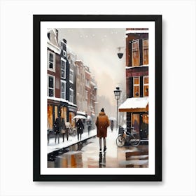 Amsterdam cafes, winter season, Christmas, autumn oil colors, pale colors, pedestrians in the street, winter clothes, falling snow.2 Art Print