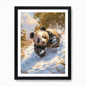 Giant Panda Cub Sliding Down A Snowy Hill Storybook Illustration 2 Art Print