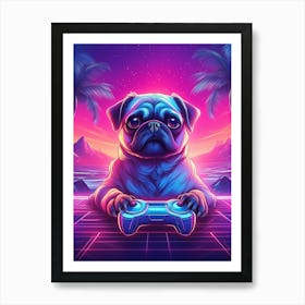 Pug Playing Video Games Synthwave Art Print