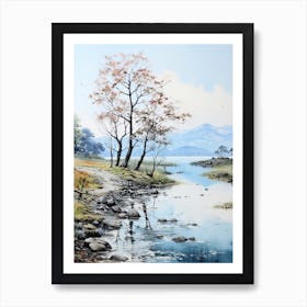 Lake Toya In Hokkaido, Japanese Brush Painting, Ukiyo E, Minimal 3 Art Print