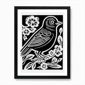 B&W Bird Linocut Bluebird 1 Art Print