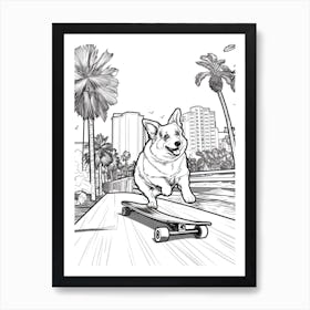 Pembroke Welsh Corgi Dog Skateboarding Line Art 1 Art Print
